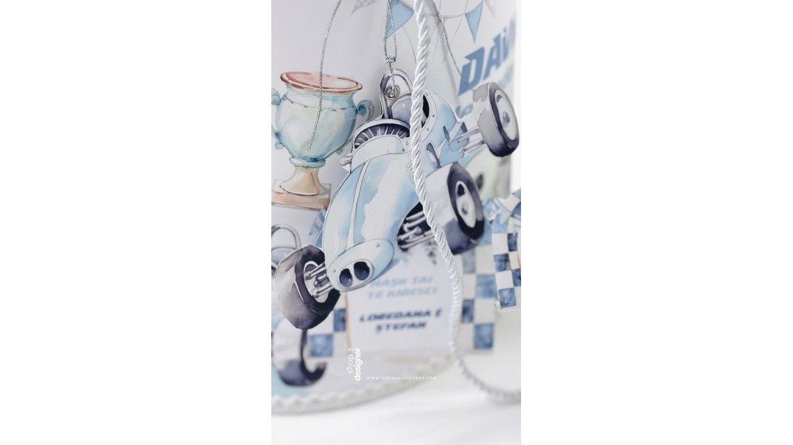Trusou de botez băiețel – Blue Racing Car | model unicat cu mașinuțe de curse 3